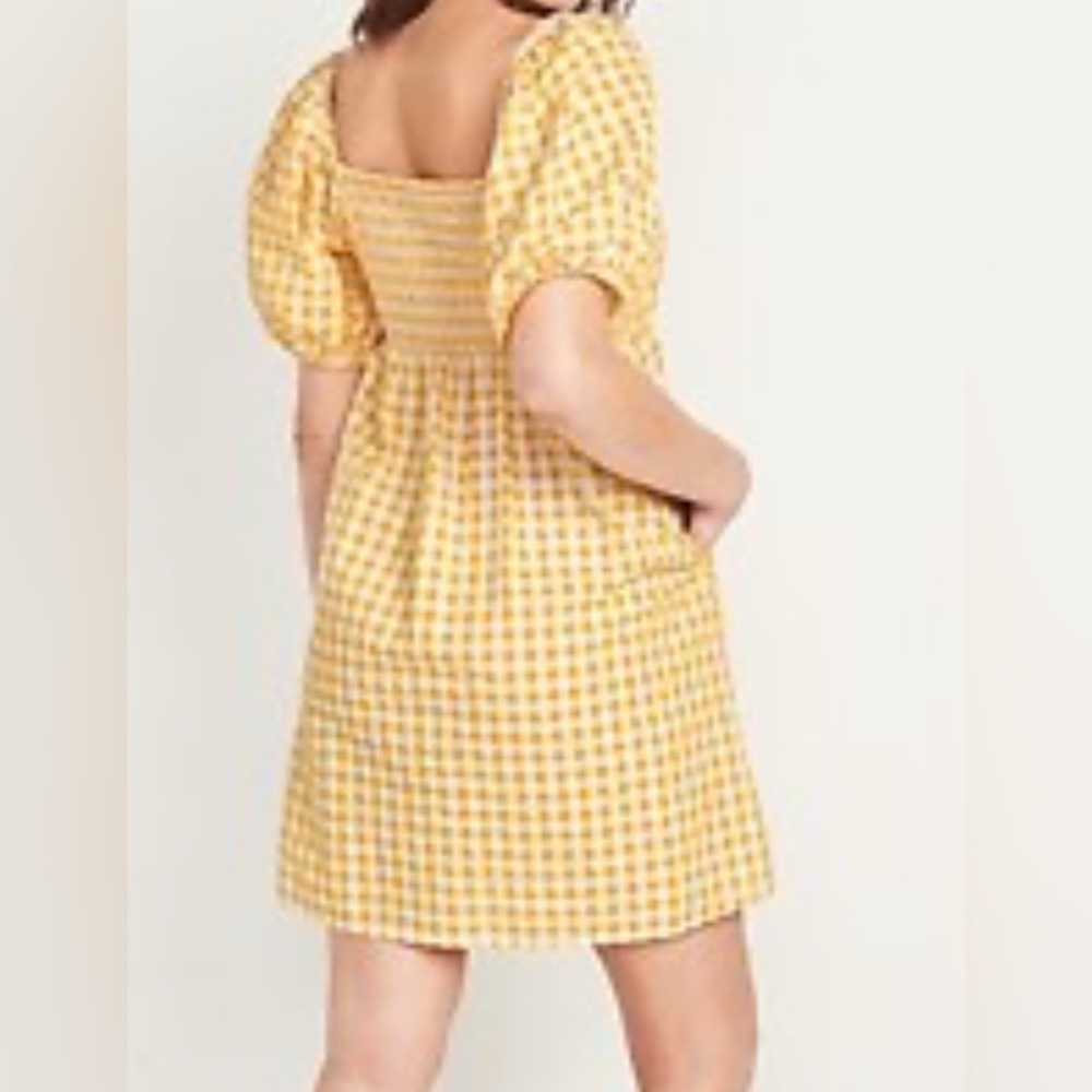 Old Navy Womens XS Yellow White Gingham Check Puff Sleeve Babydoll Dress Preppy - Picture 2 of 12